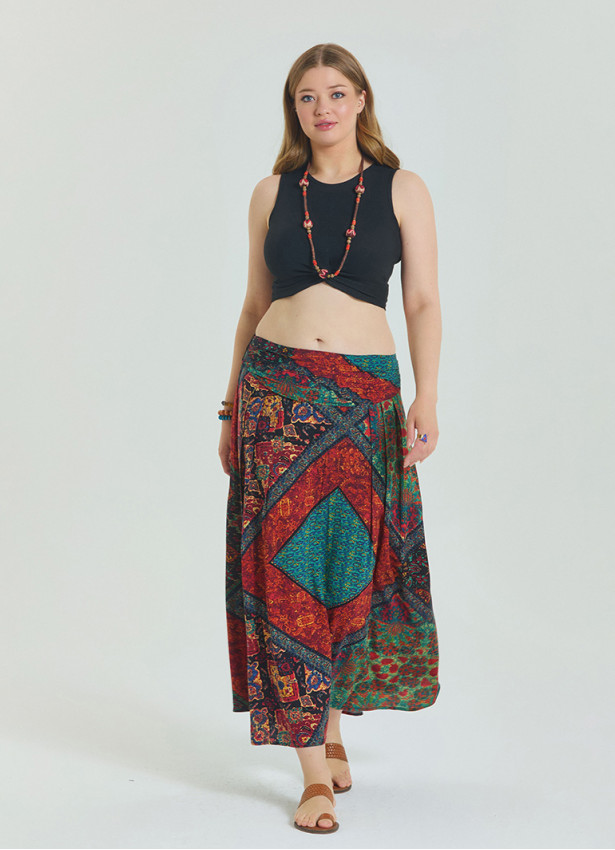 Red Plus Size Skirt with Elastic Waist and Drape Detail 4599